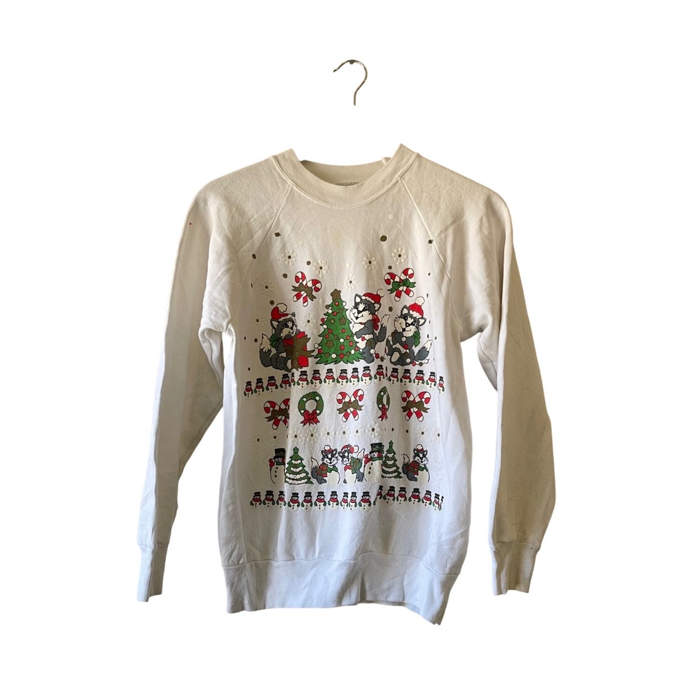 Vintage 80s Christmas Sweater Cat Snowman Crewneck Sweatshirt size‎ medium